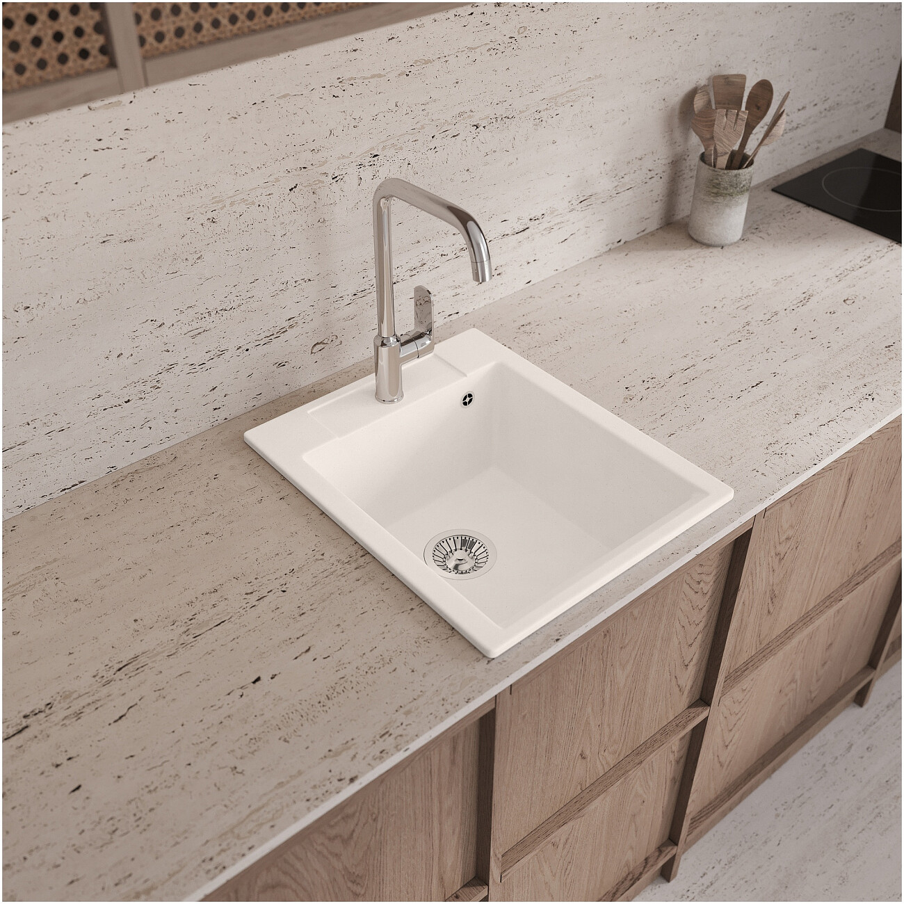 Мойка кухонная из искусственного мрамора прямоугольная 51х42 см белый хлопок Domaci "Савона" PA 420 - изображение 4