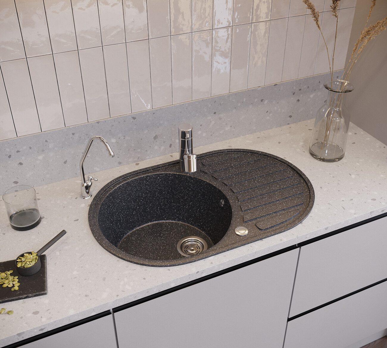 Мойка кухонная овальная мраморная черная Domaci "Бьелла" DMC-18L-308 - изображение 5