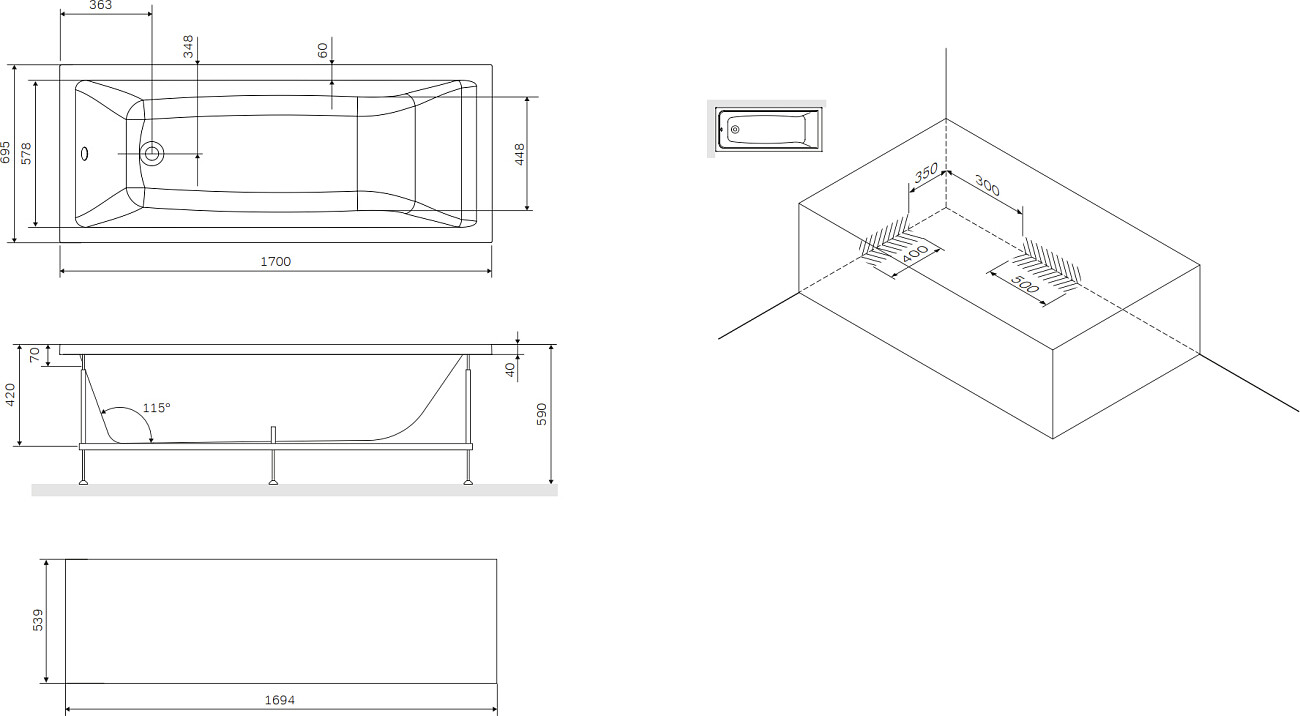 Ванна акриловая прямоугольная с каркасом и сливом-переливом 170x70 см белая Stworki "Карлстад" - изображение 4