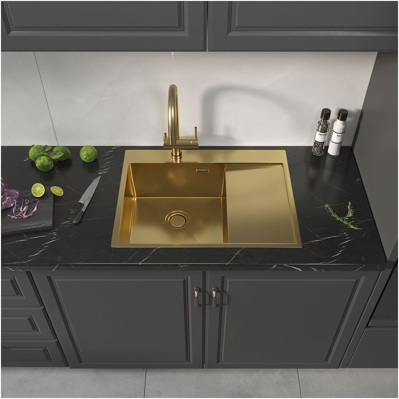 Кухонная мойка из нержавеющей стали 50х65 см брашированное золото Reflexion Maggiore RX2365GD - изображение 7