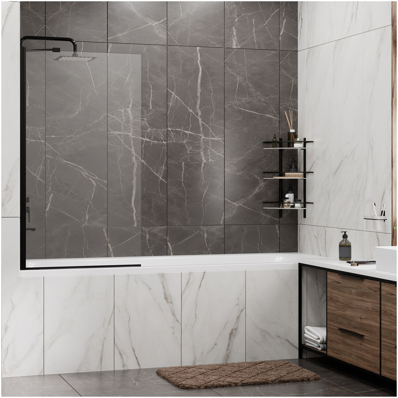 Штора на ванну стеклянная 140х80 см прозрачная, черная Wasserkraft Berkel 48P01-80 BLACK Fixed - изображение 3