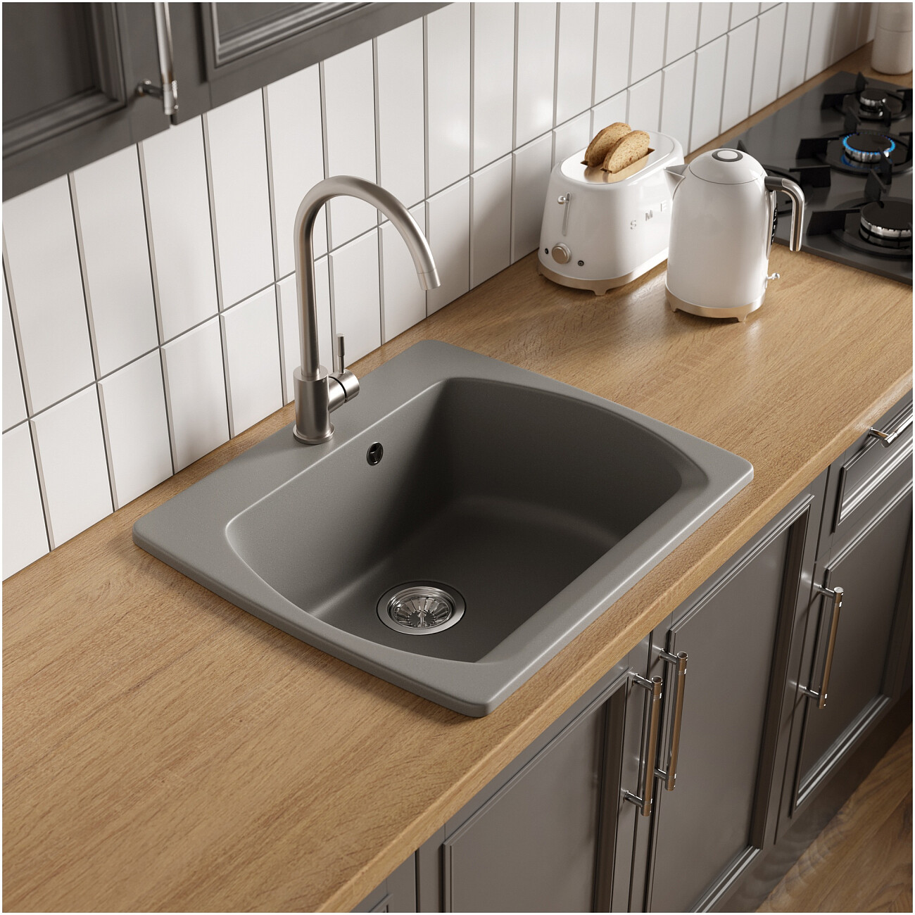 Мойка кухонная из искусственного гранита прямоугольная 53,5х61 см серая Domaci "Верона" 60-53 - изображение 4