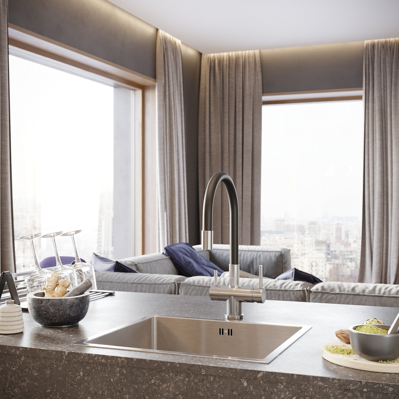 Смеситель для кухни однорычажный с гибким изливом черный, сатин Domaci "Равенна" DCB 3015 - изображение 4