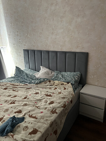 Кровать двуспальная с подъемным механизмом и ящиком для белья 160х200 серо-голубая Вега