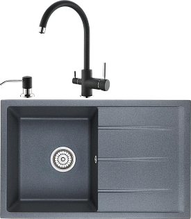 Мойка кухонная 80х50 см антрацит Domaci &quot;Солерно&quot; EMQ-1800.Q со смесителем EC-3007 и дозатором 401