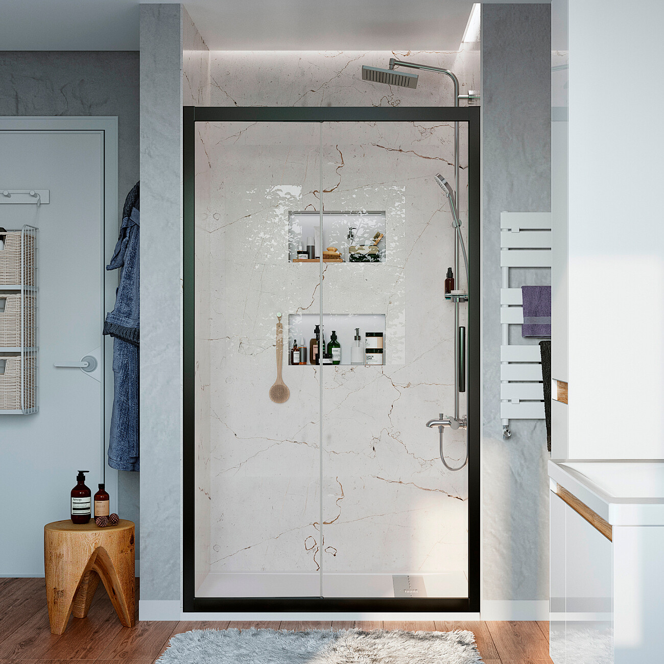 Душевая дверь в нишу стеклянная раздвижная 90 см черный матовый Stworki "Стокгольм" 3GW207TTKK000 - изображение 2