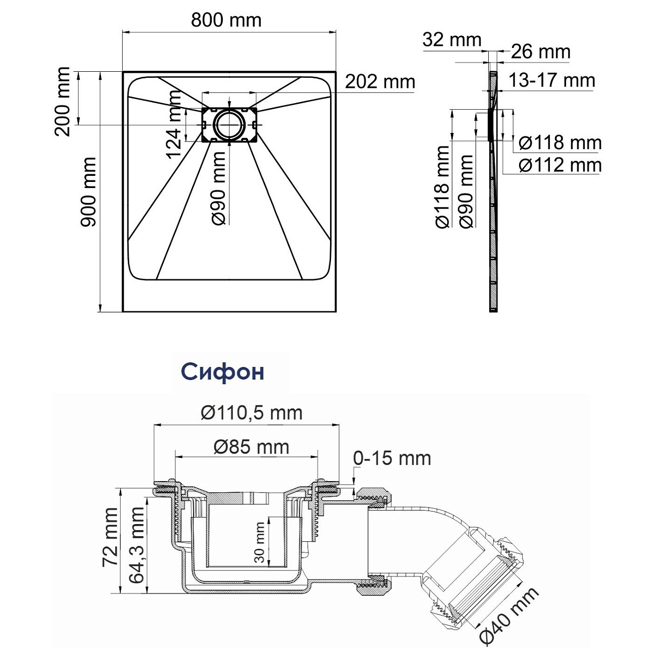 Душевой поддон 80х90 см черный Elbe 74T20 - изображение 2