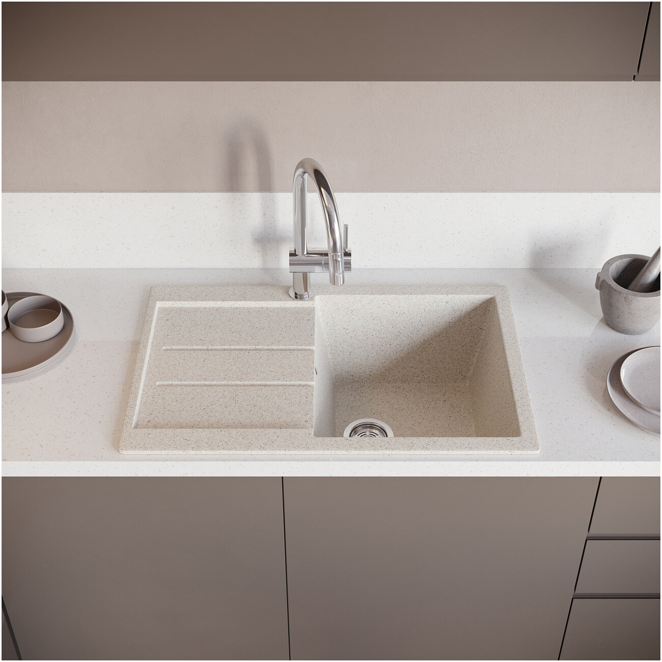 Мойка кухонная бежевая Domaci "Бьелла" DMC-25 со смесителем "Равенна" D99-120st - изображение 4