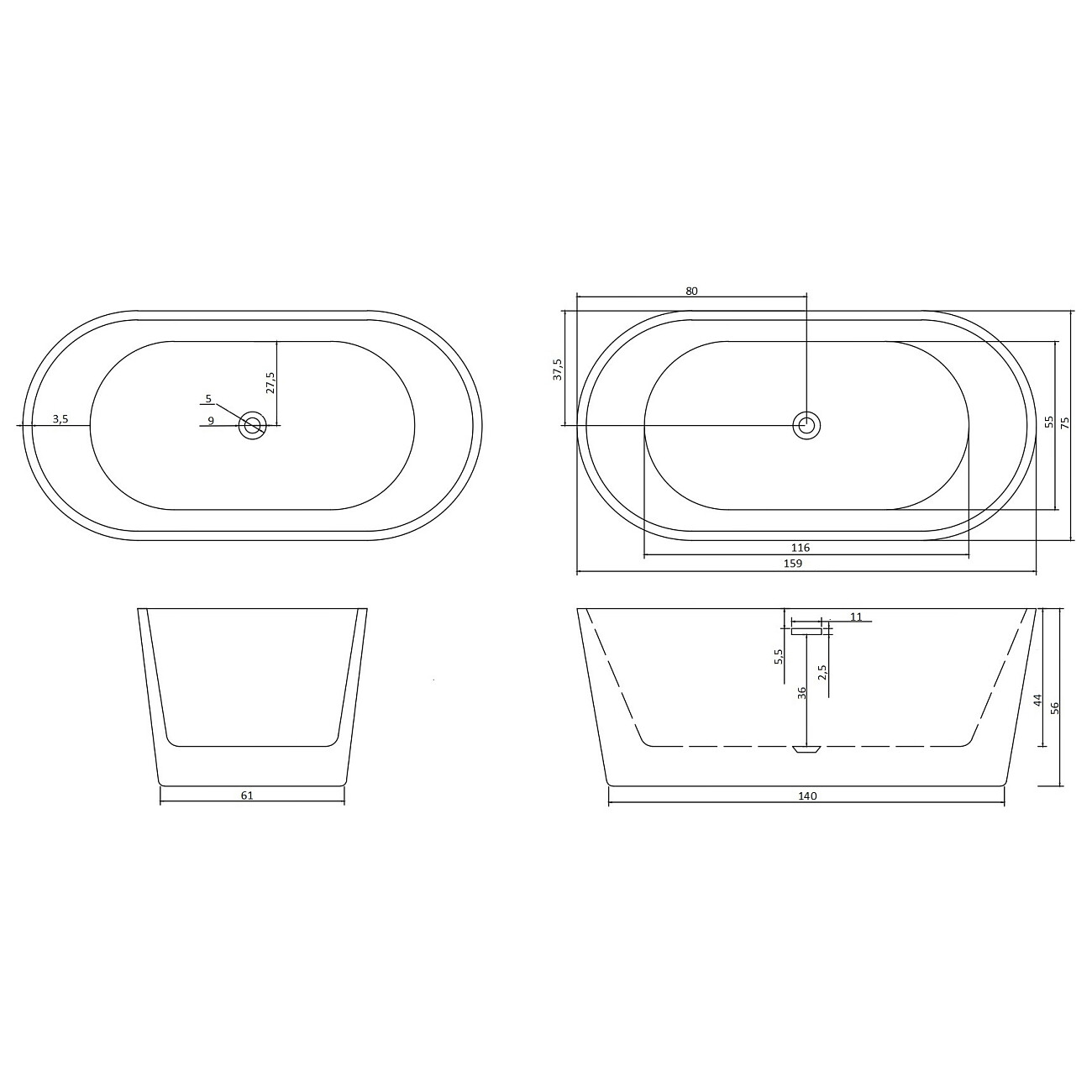Ванна акриловая отдельностоящая белая Ceruttispa Resia 160 CT10866 - изображение 7