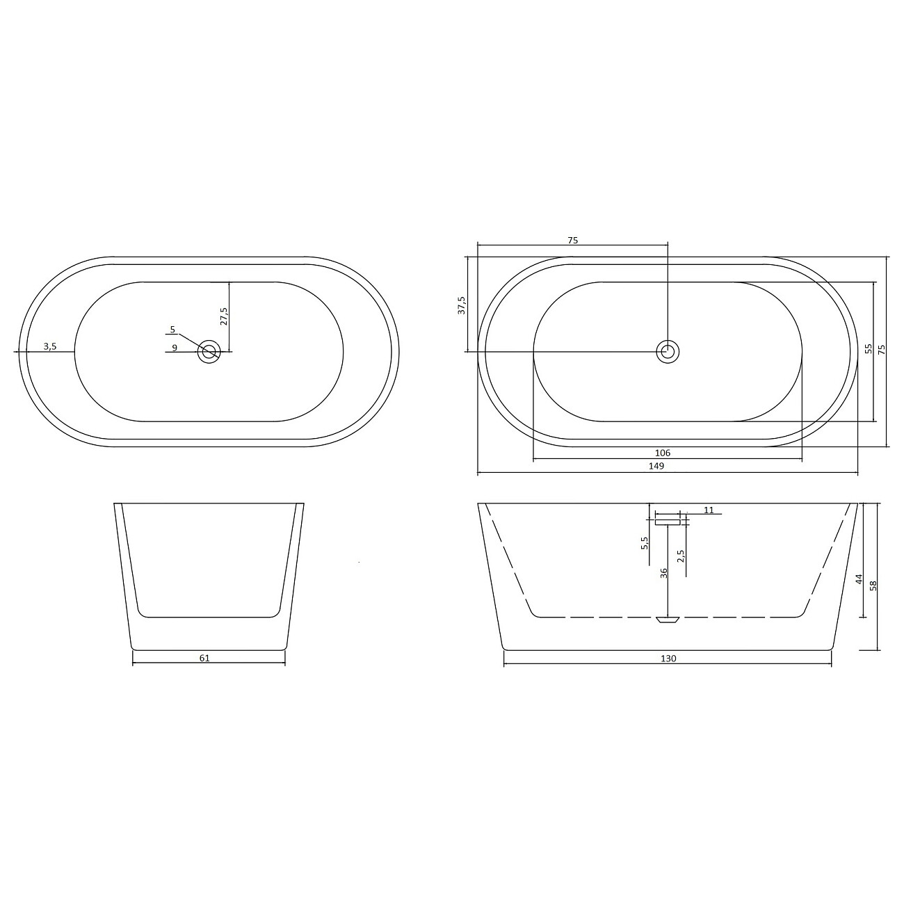 Ванна акриловая отдельностоящая 150 см белая Cerutti SPA Resia CT10302 - изображение 7