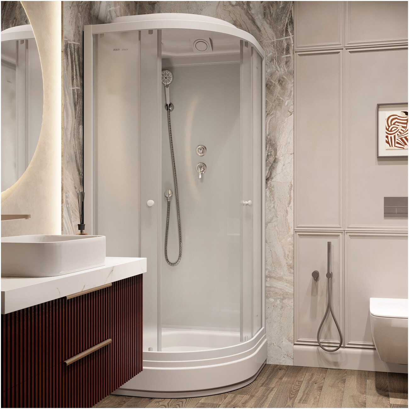 Душевая кабина четверть круга со средним поддоном 100х100 см белая Parly BM101 - изображение 5