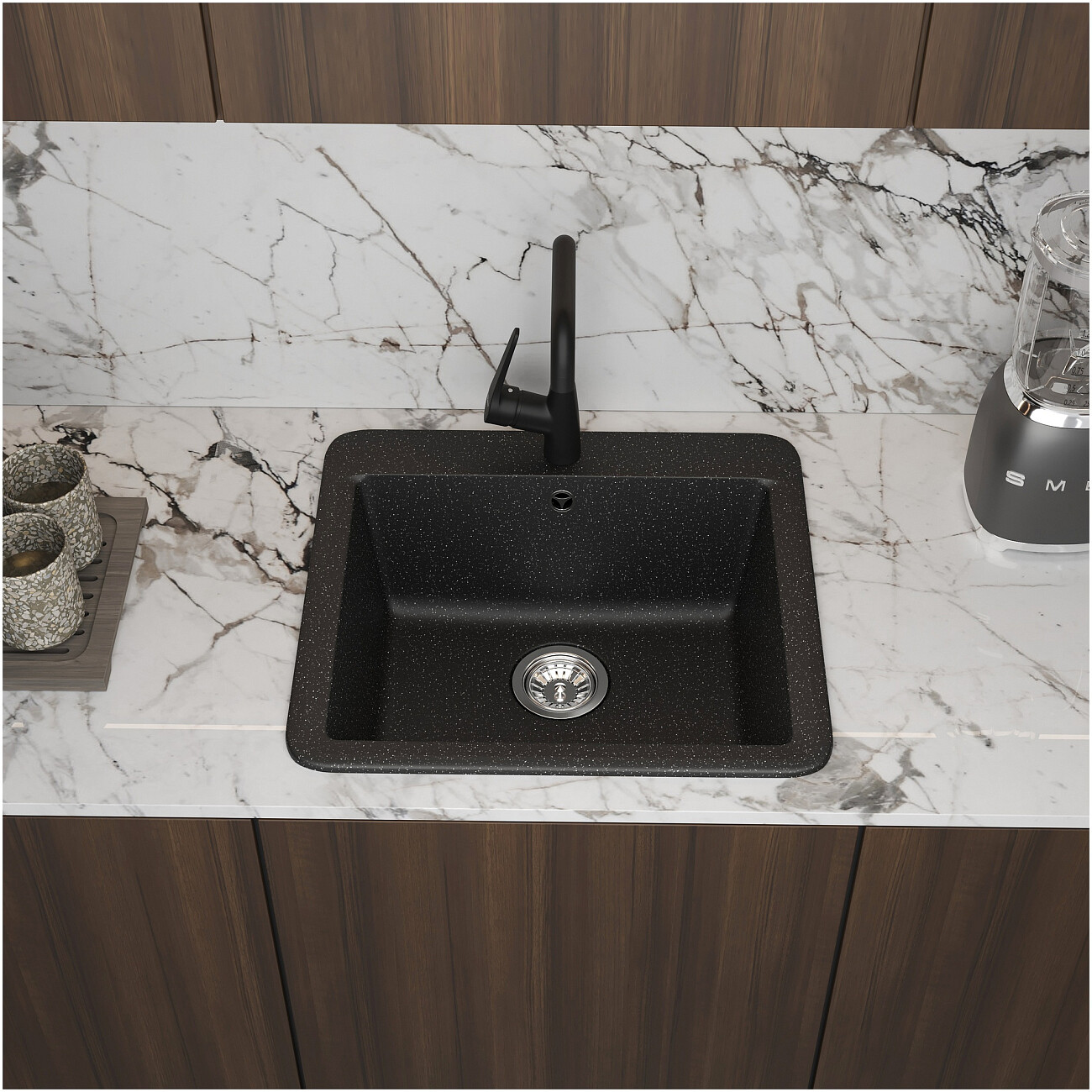 Мойка кухонная из искусственного мрамора прямоугольная 50х55 см черная Domaci "Парма" V-420 - изображение 3