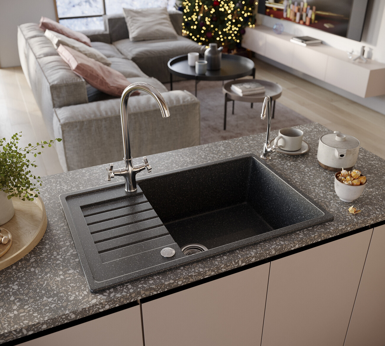 Мойка кухонная прямоугольная мраморная черная Domaci "Бьелла" DMC-78L-308 - изображение 5