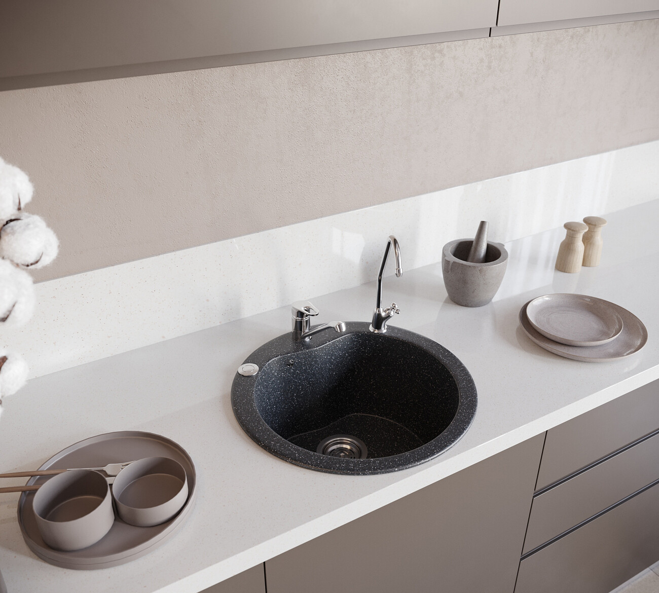 Мойка кухонная круглая мраморная черная Domaci "Бьелла" DMC-08S-308 - изображение 3
