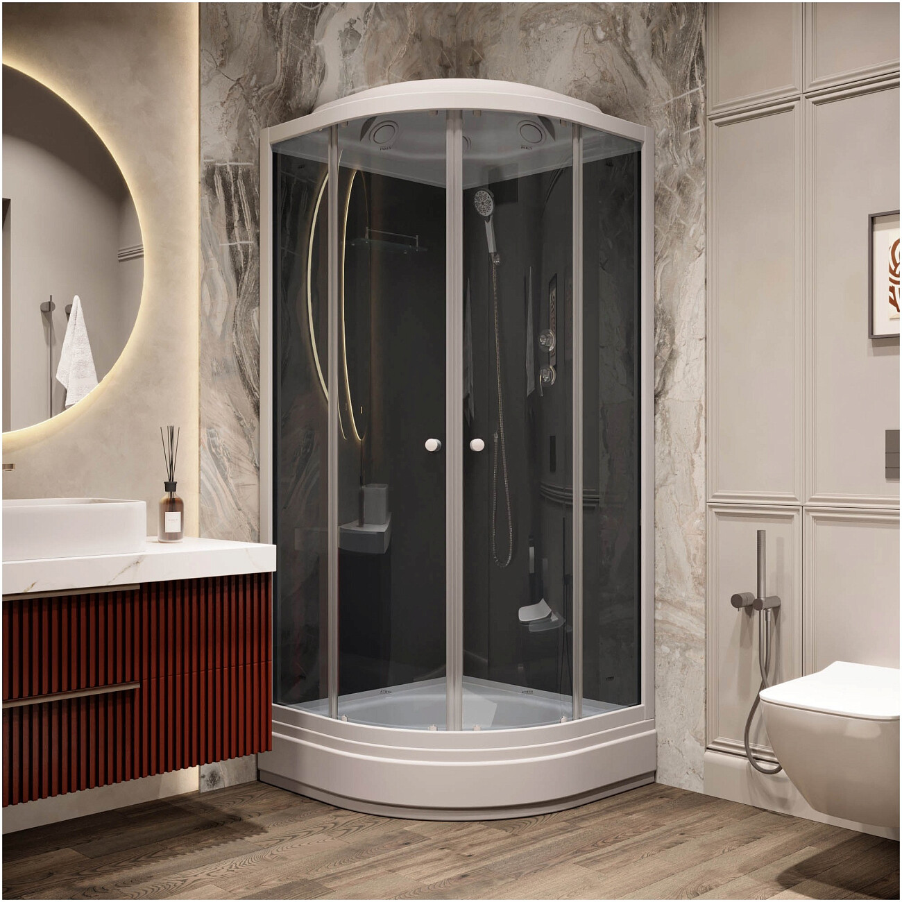 Душевая кабина четверть круга со средним поддоном 100х100 см черная, белая Parly CM101 - изображение 4