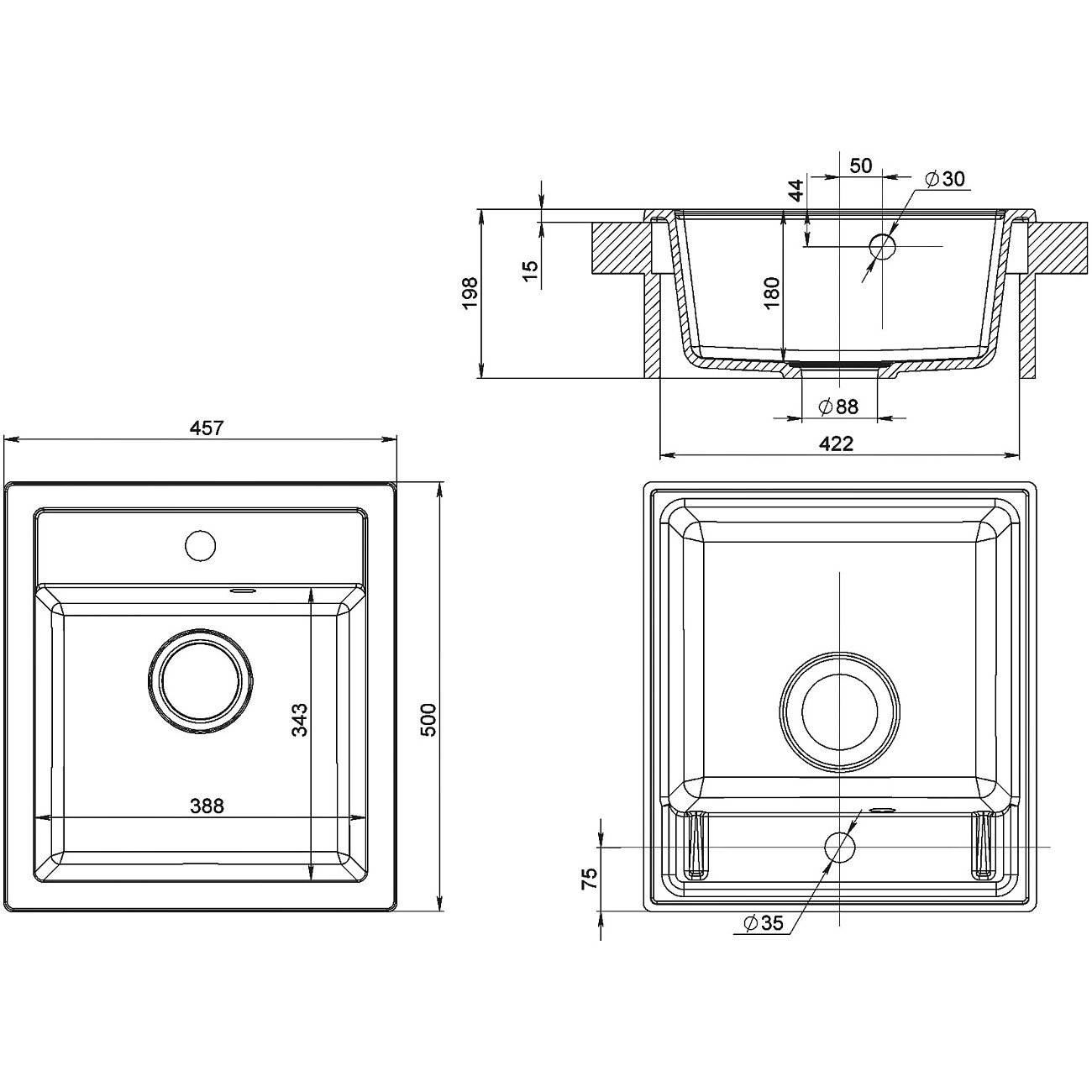 Мойка кухонная кварцевая прямоугольная 50х46 см антрацит Domaci "Римини" DG 50-46-501 - изображение 2