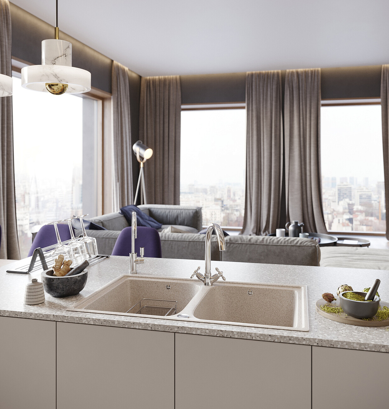 Мойка кухонная прямоугольная мраморная бежевая Domaci "Бьелла" DMC-15-328 - изображение 4