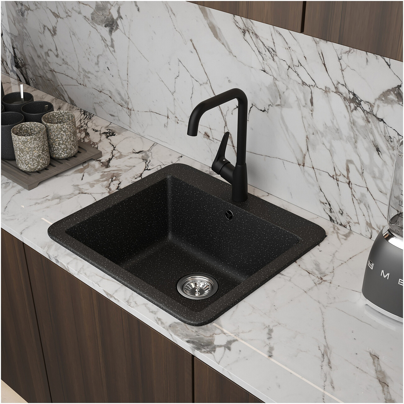Мойка кухонная из искусственного мрамора прямоугольная 50х55 см черная Domaci "Парма" V-420 - изображение 4