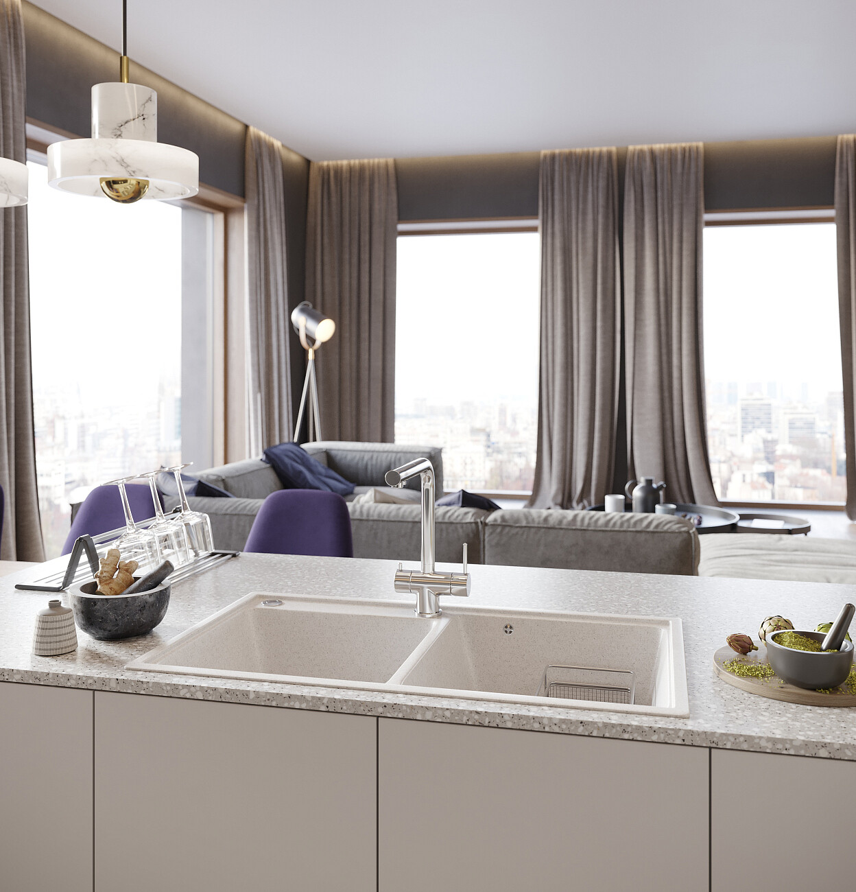 Мойка кухонная прямоугольная мраморная белая Domaci "Бьелла" DMC-85K - изображение 4