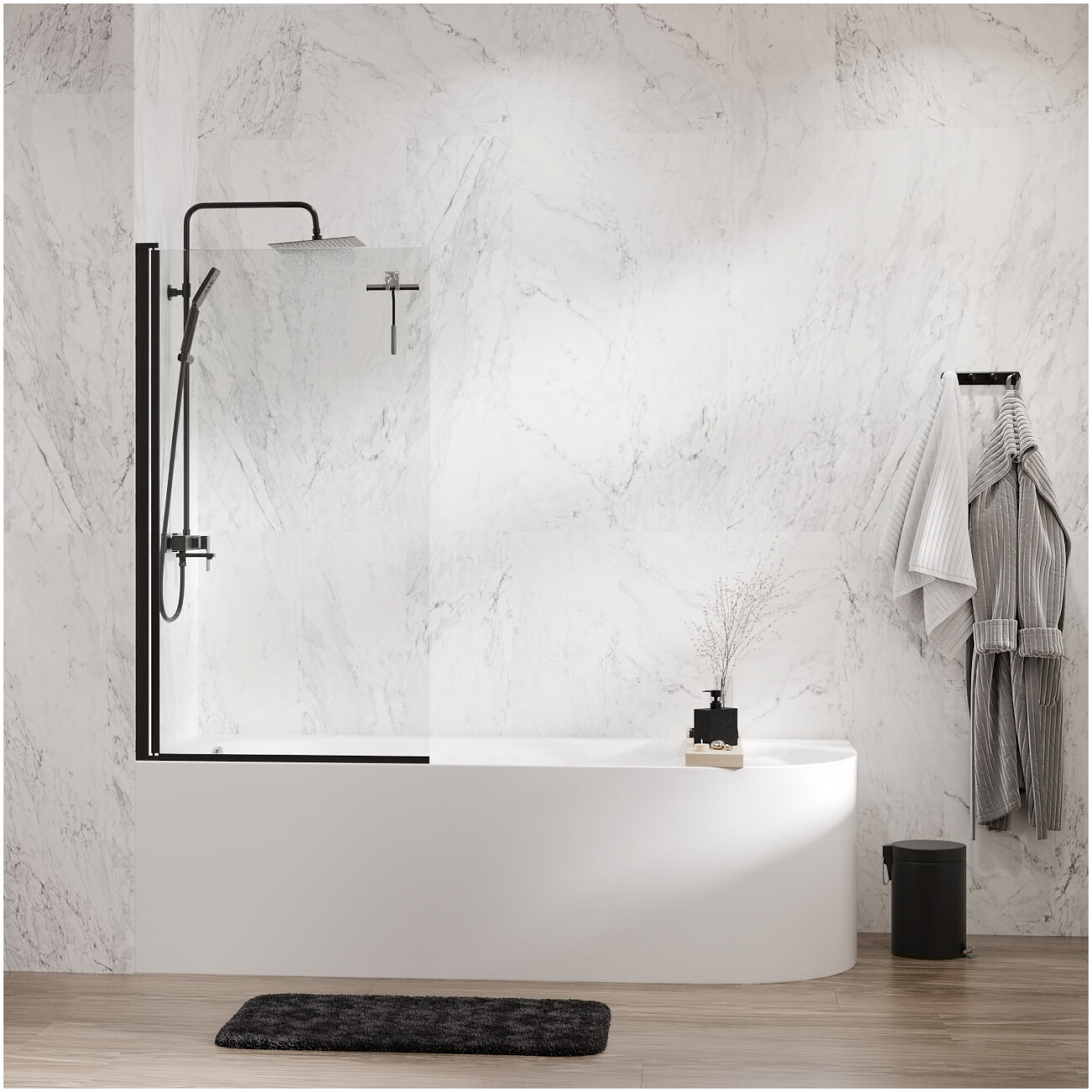 Штора на ванну стеклянная 140х90 см прозрачная, черная Wasserkraft Berkel 48P01-80BLACK - изображение 2