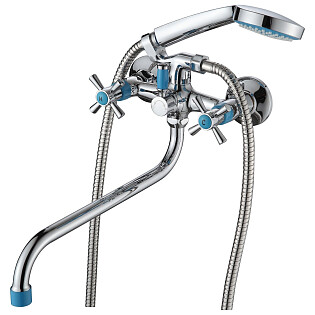 Смеситель для ванны двухвентильный с душевым гарнитуром хром, синий Ammore A4782-6