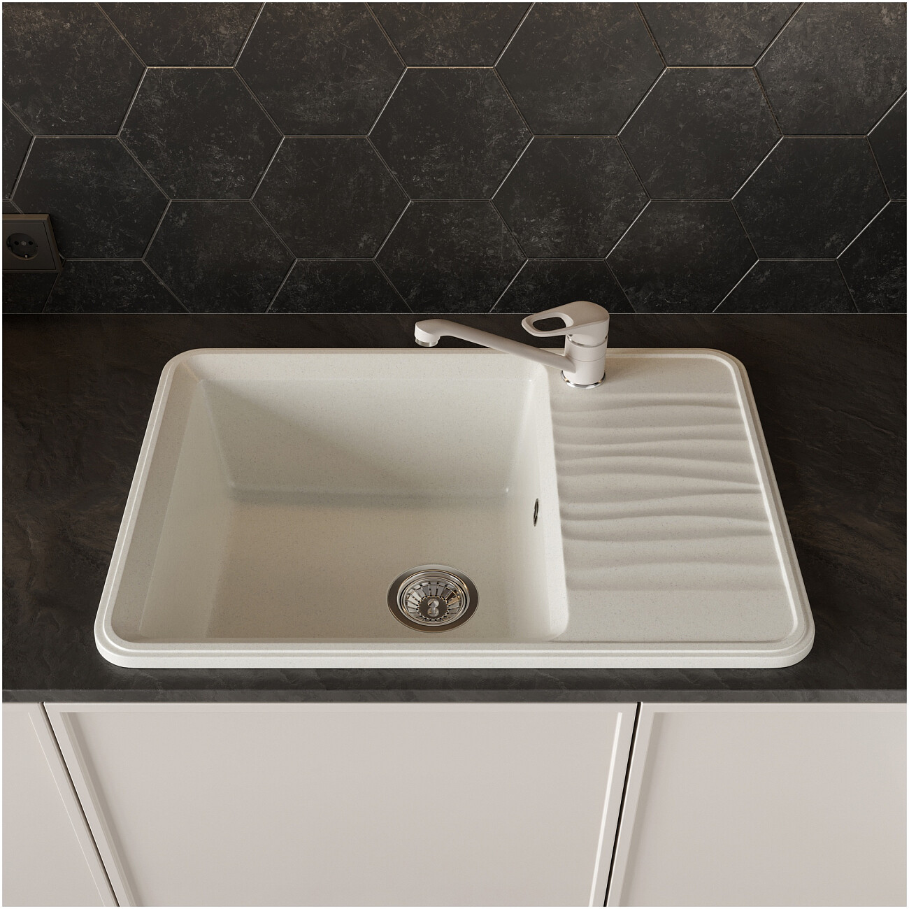 Мойка кухонная кварцевая прямоугольная 51х74 см белая Domaci "Римини" DG R-650 - изображение 3