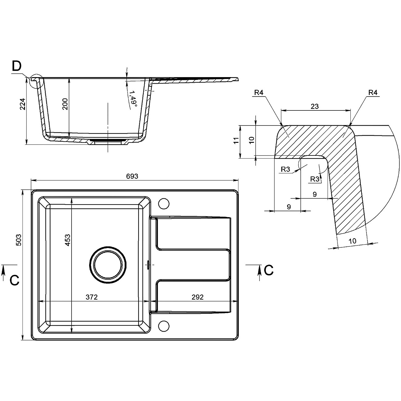 Мойка кухонная из искусственного мрамора прямоугольная 50х69 см белая Domaci "Римини" DG В-650 - изображение 3