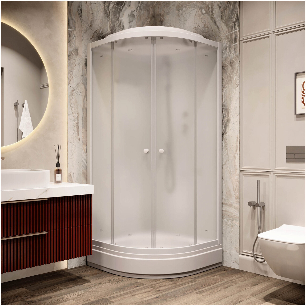 Душевая кабина четверть круга со средним поддоном 100х100 см белая Parly BM101 - изображение 3