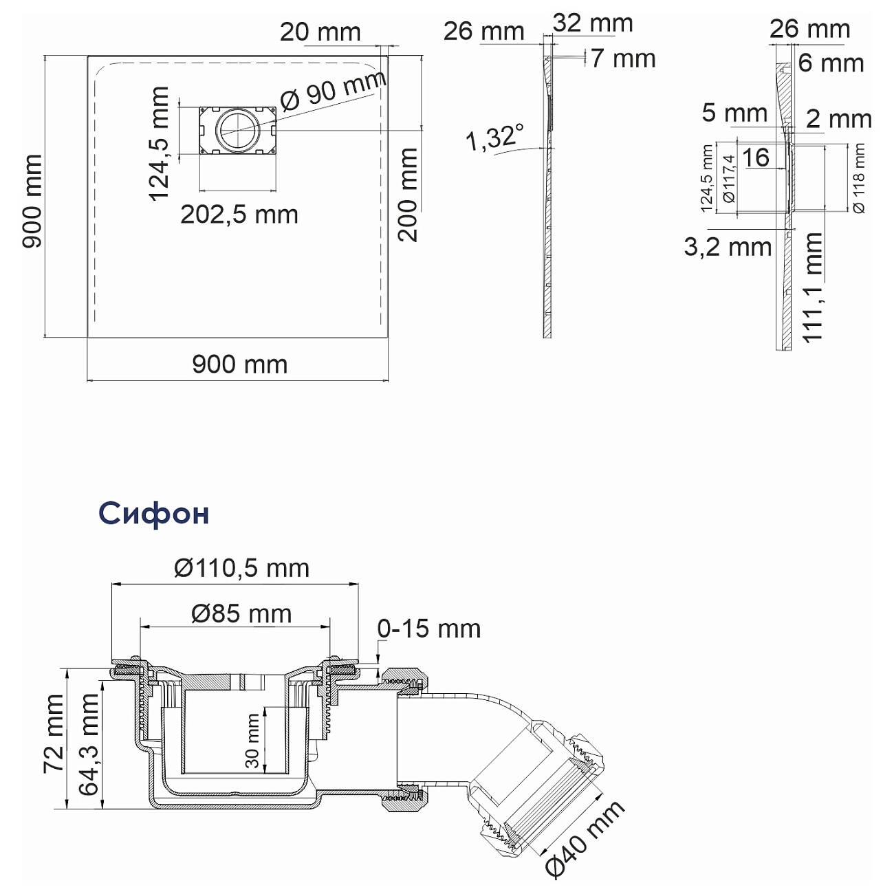 Душевой поддон из стеклопластика квадратный 90х90 см серый Wasserkraft Elbe 74T03 - изображение 3
