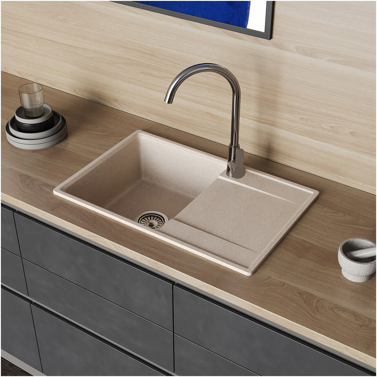 Мойка кухонная из искусственного гранита бежевая Domaci "Верона" 69-44 бежевая - изображение 4