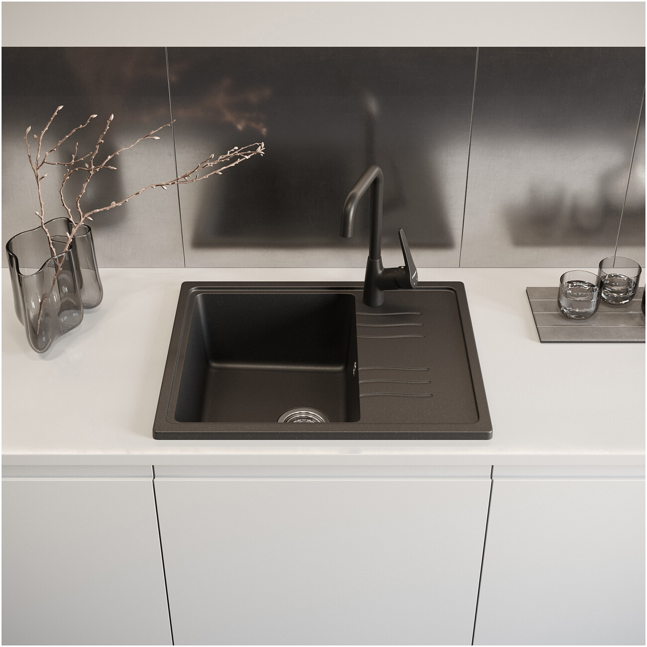 Мойка кухонная из искусственного гранита с крылом черная Domaci "Верона" 61-48 черная - изображение 3