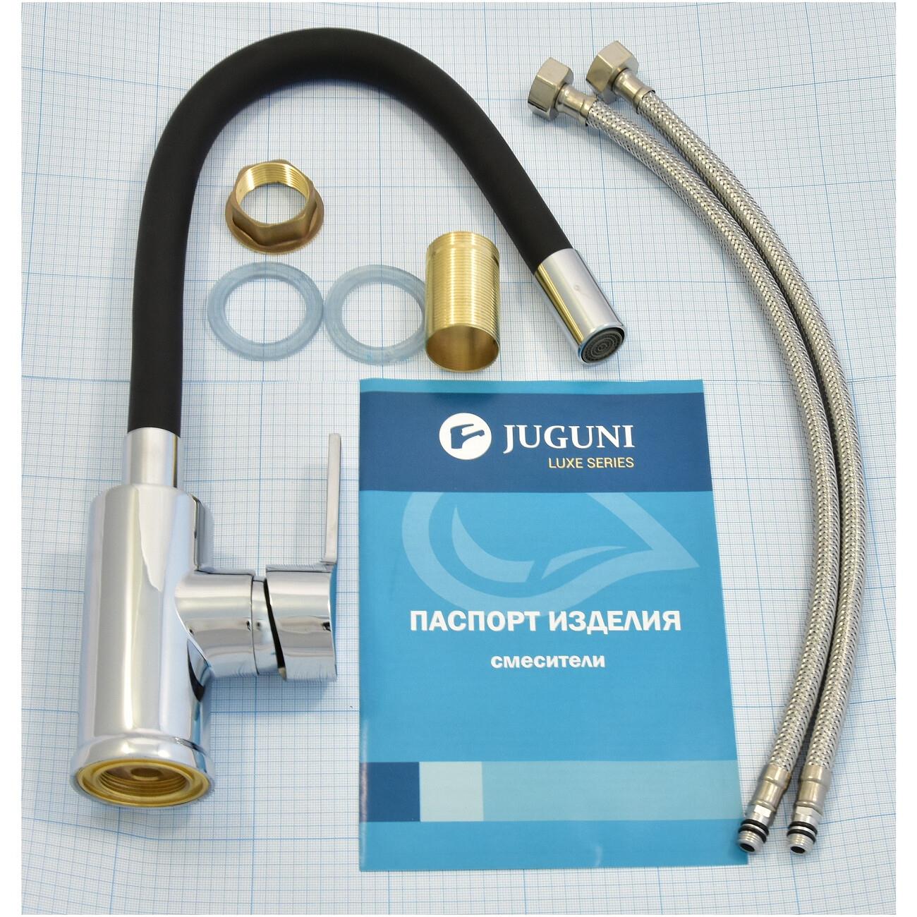 Смеситель для кухни однорычажный с гибким изливом черный, хром Juguni Luxe Capella 0402.486 - изображение 8