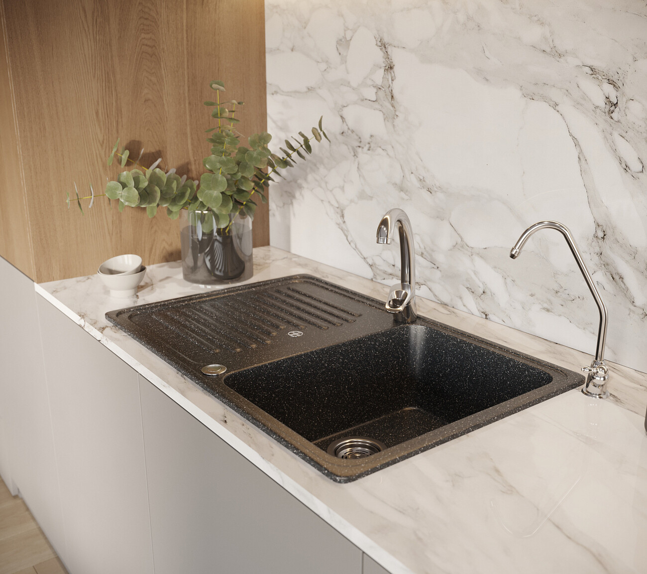 Мойка кухонная из искусственного мрамора прямоугольная 51х78 см черная Domaci "Бьелла" DMC-78 - изображение 7