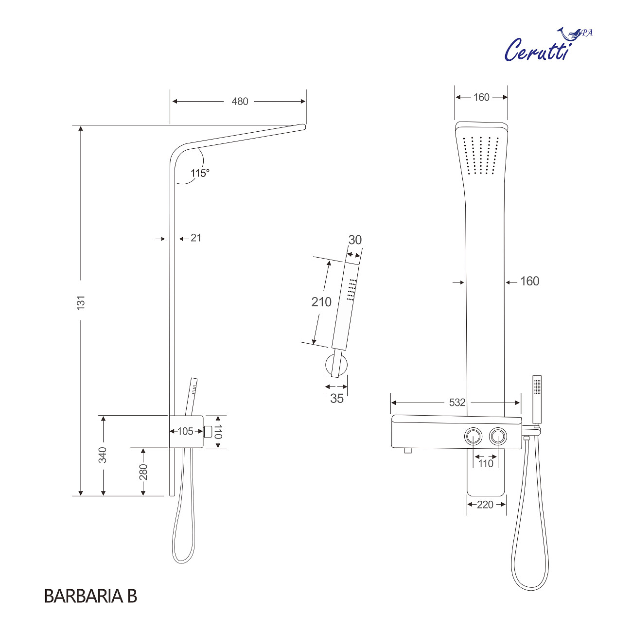 Душевая панель с тропическим душем 131х53 см черная Cerutti SPA Barbaria B CT9657 - изображение 4