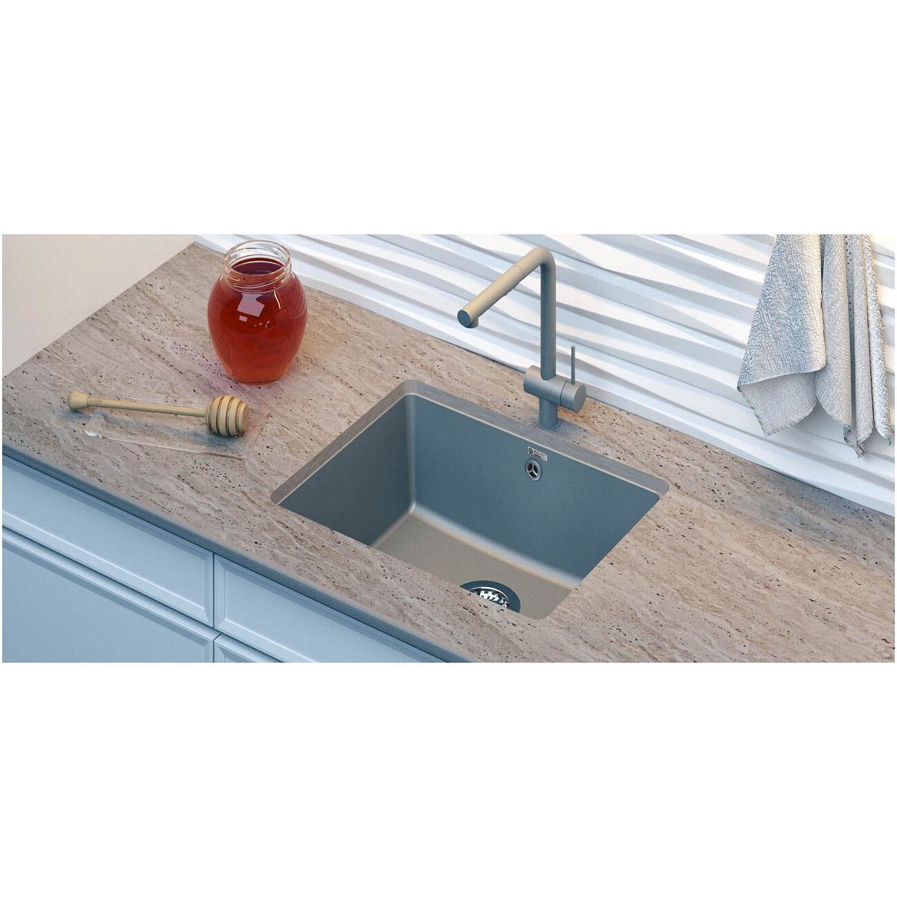 Мойка кухонная кварцевая прямоугольная бежевая Point "Сидли 55" PN3007BG - изображение 3