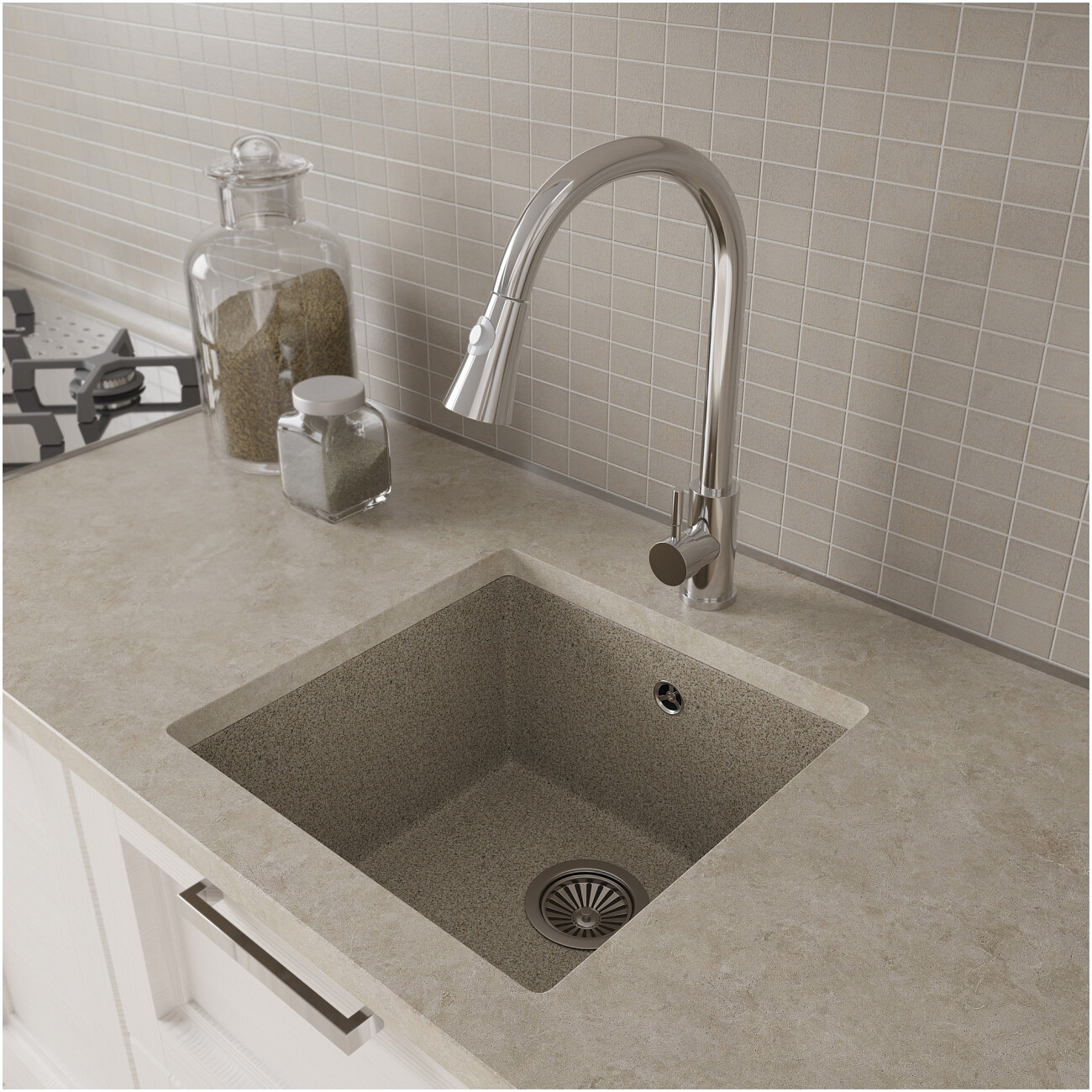 Мойка кухонная кварцевая квадратная 44 см бежевая Domaci "Римини" DG 44-435 - изображение 3