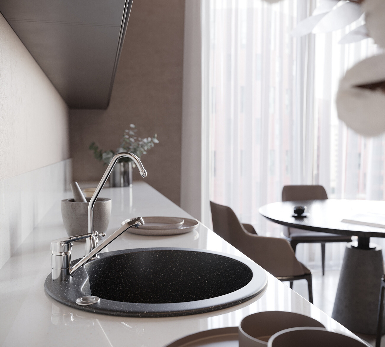 Мойка кухонная круглая мраморная черная Domaci "Бьелла" DMC-08S-308 - изображение 7