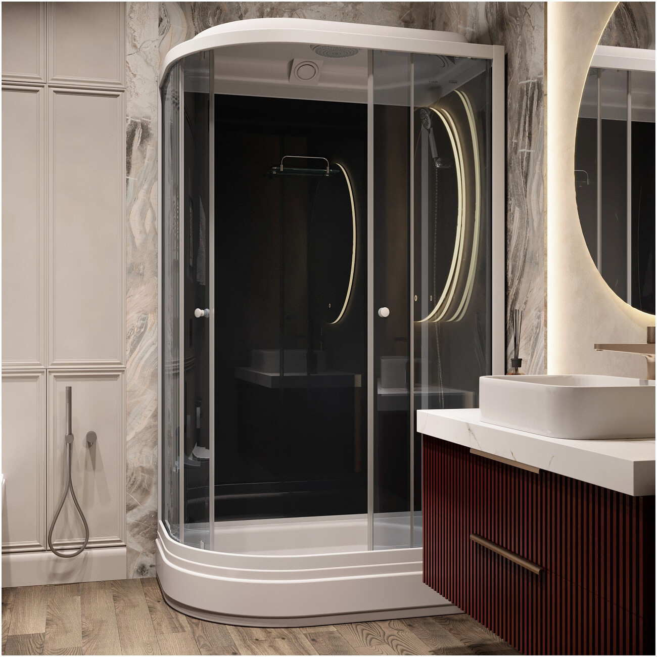 Душевая кабина ассиметричная правая со средним поддоном 80х120 см черная, белая Parly CM121R - изображение 5