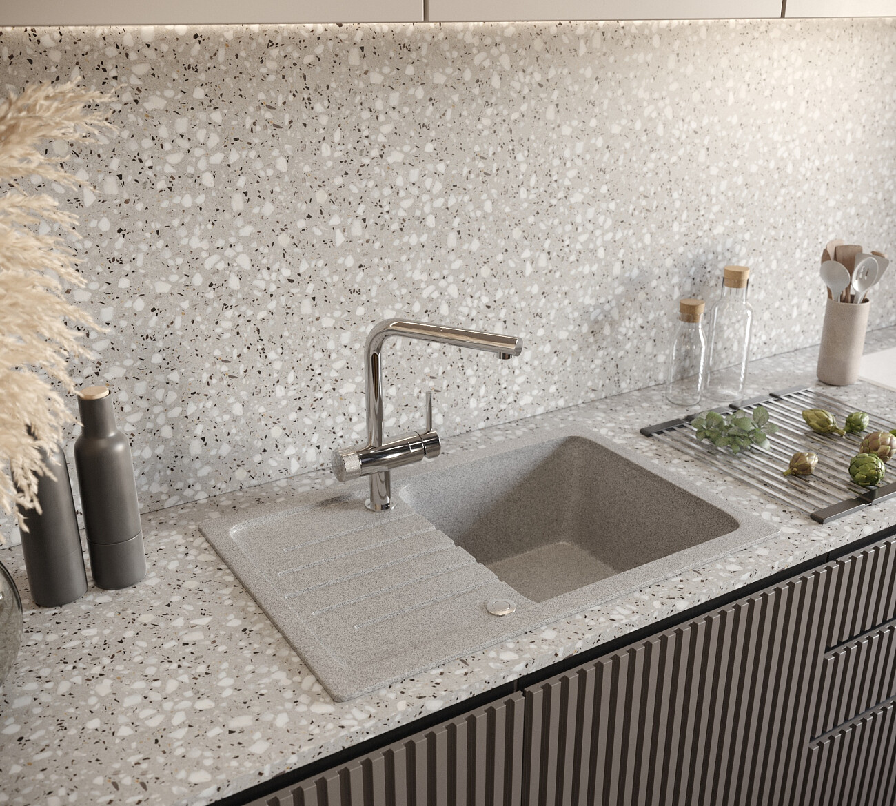 Мойка кухонная прямоугольная мраморная серая Domaci "Бьелла" DMC-76-310 - изображение 3