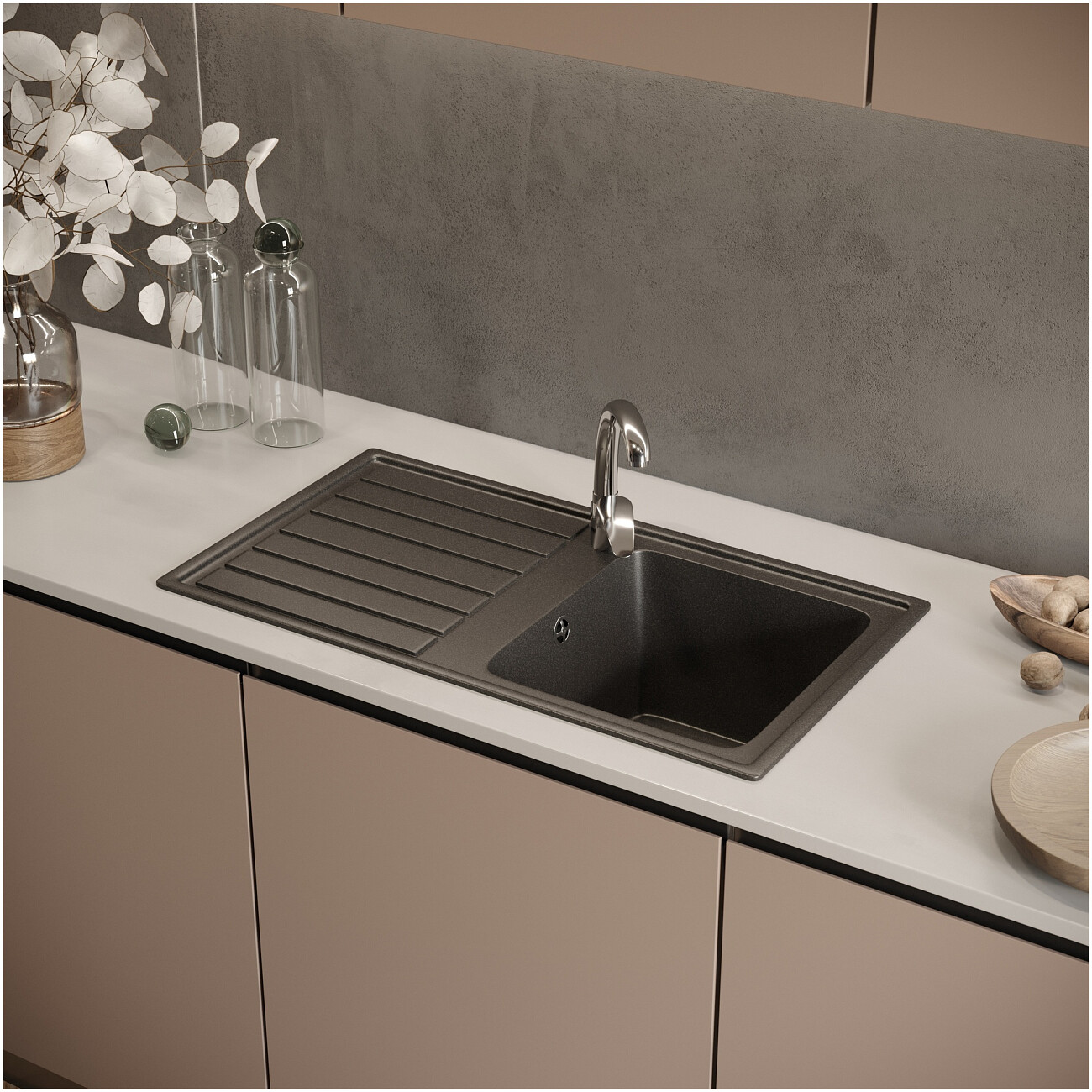 Мойка кухонная из искусственного мрамора прямоугольная 43х77 см антрацит Domaci "Бьелла" DMC-20-343 - изображение 4