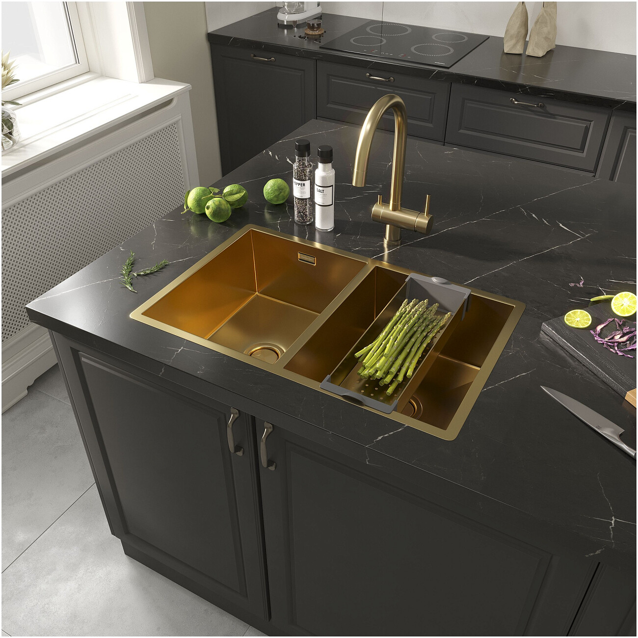 Кухонная мойка двойная из нержавеющей стали 44х70 см золото Reflexion Garda RX2170GD - изображение 10