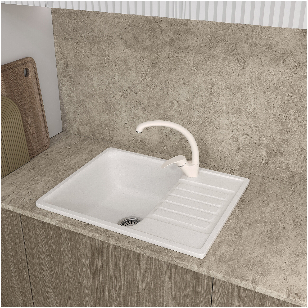 Мойка кухонная из искусственного мрамора прямоугольная 48х60 см туман Domaci "Савона" QB 600 - изображение 4