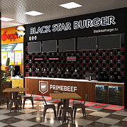 Интерьер кафе и ресторана в современном стиле, проект «Фудкорт Black Star Burger в Краснодаре. ТРК "СБС" и ТЦ "Красная площадь"»