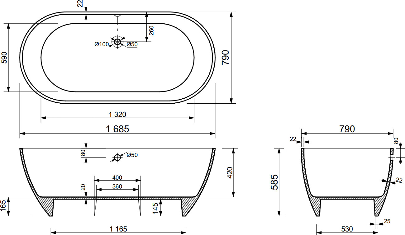Ванна из искусственного камня овальная 80х170 см белая Stworki "Берген" ФР-00014094 - изображение 2