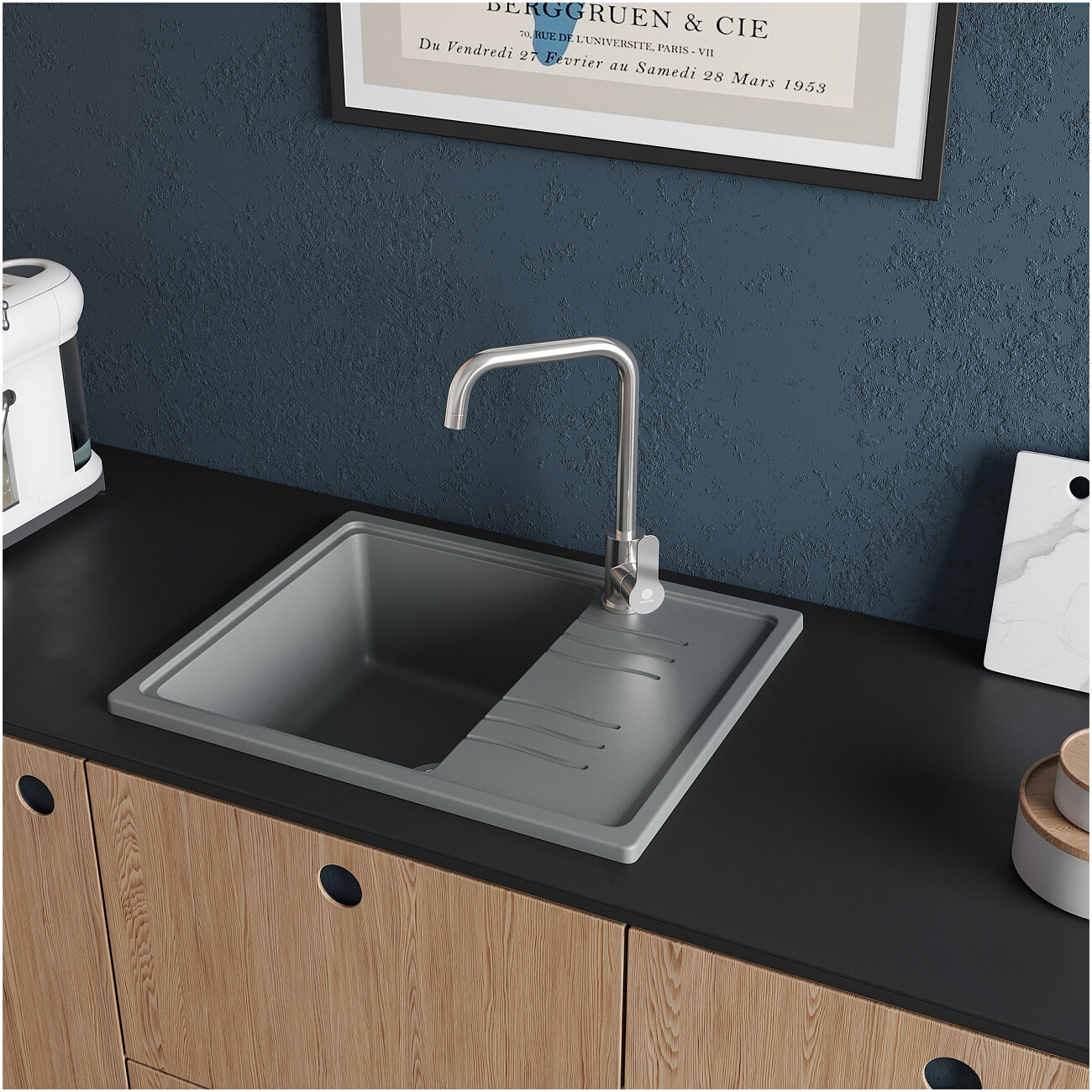 Мойка кухонная из искусственного гранита с крылом серая Domaci "Верона" 61-48 серая - изображение 4