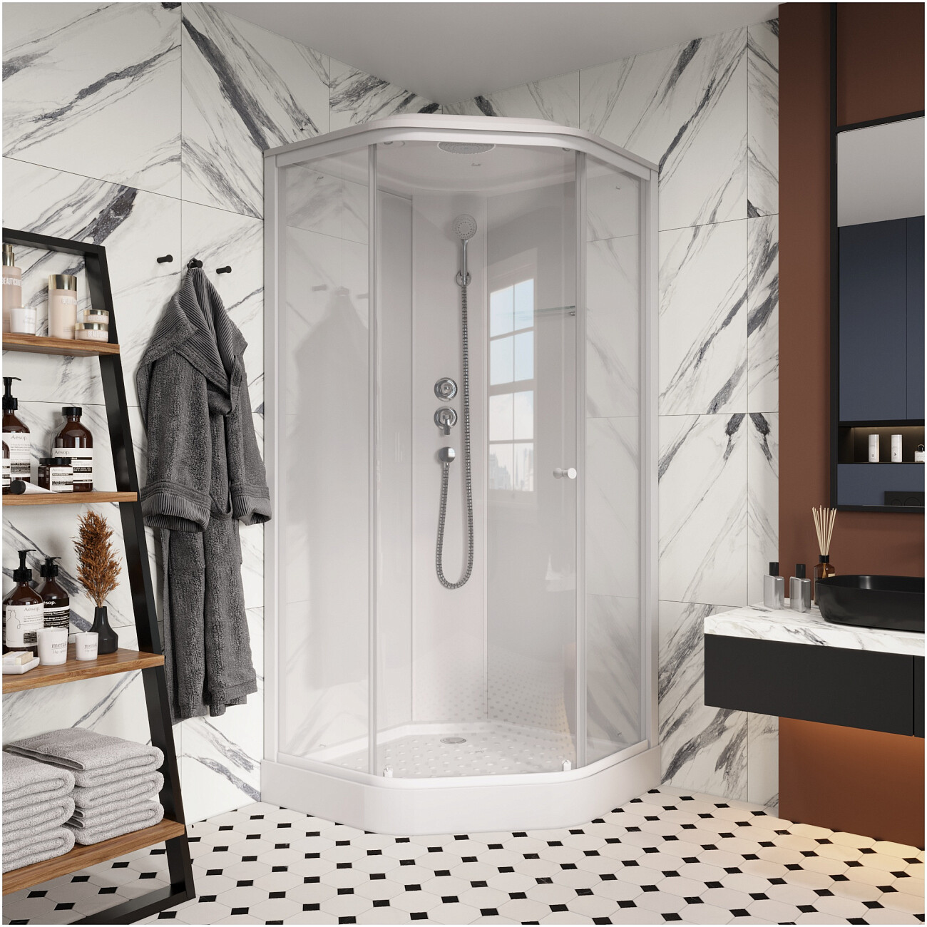 Душевая кабина пятиугольная с низким поддоном 90х90 см белая Parly P91 - изображение 5