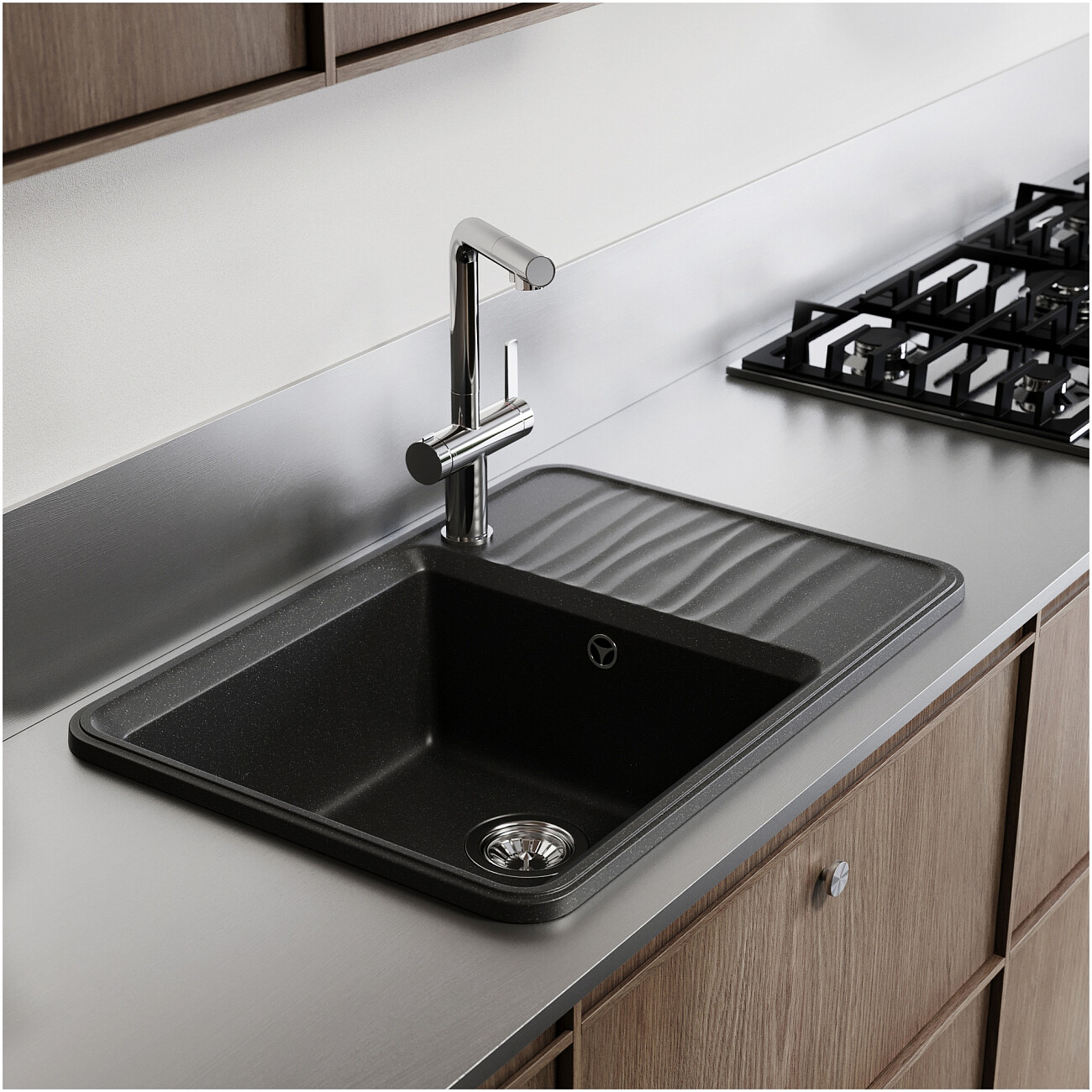 Мойка кухонная кварцевая прямоугольная 51х74 см антрацит Domaci "Римини" DG R-501 - изображение 4