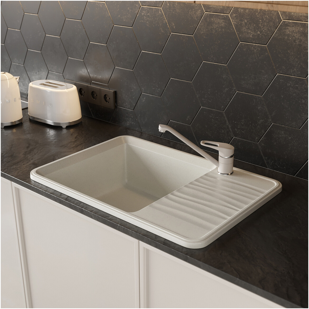 Мойка кухонная кварцевая прямоугольная 51х74 см белая Domaci "Римини" DG R-650 - изображение 4