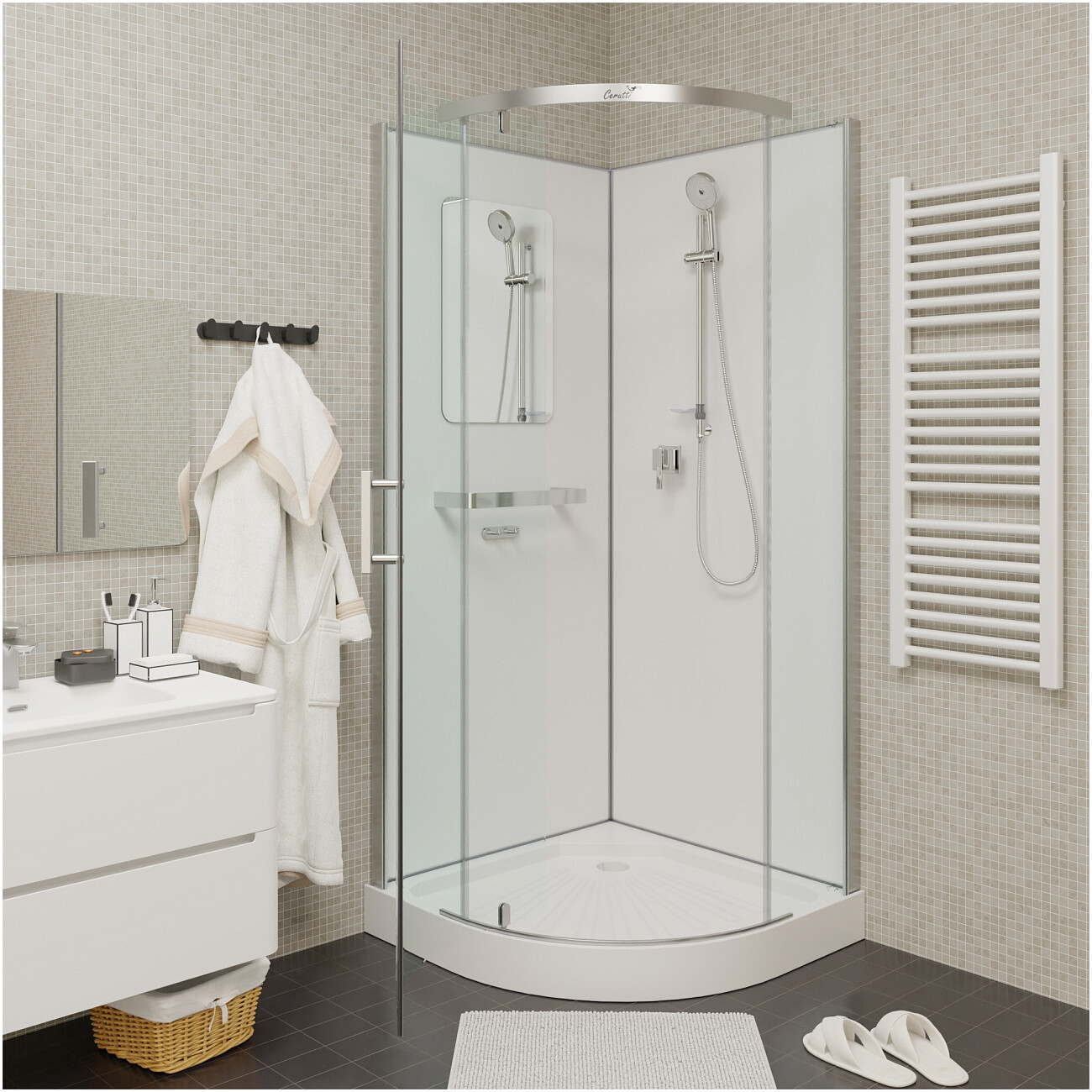Душевая кабина четверть круга с низким поддоном 90х90 см хром, белая Cerutti SPA Korra 90T - изображение 10