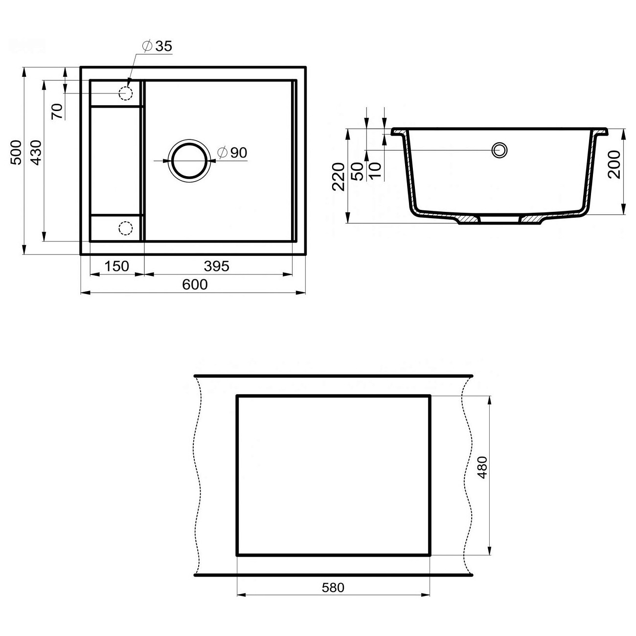 Мойка кухонная кварцевая прямоугольная графит Point "Римо 60" PN3010GR - изображение 4